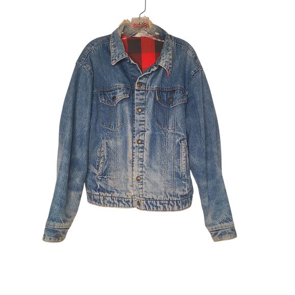 Vtg Key Imperial Buffalo Plaid Flannel Lined Denim Jacket Distress Large Grunge - Picture 1 of 12